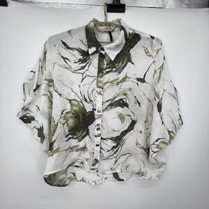 IC by Connie K Womens Floral Top Sz M Oversized Button Down Dolman Sleeve Artsy